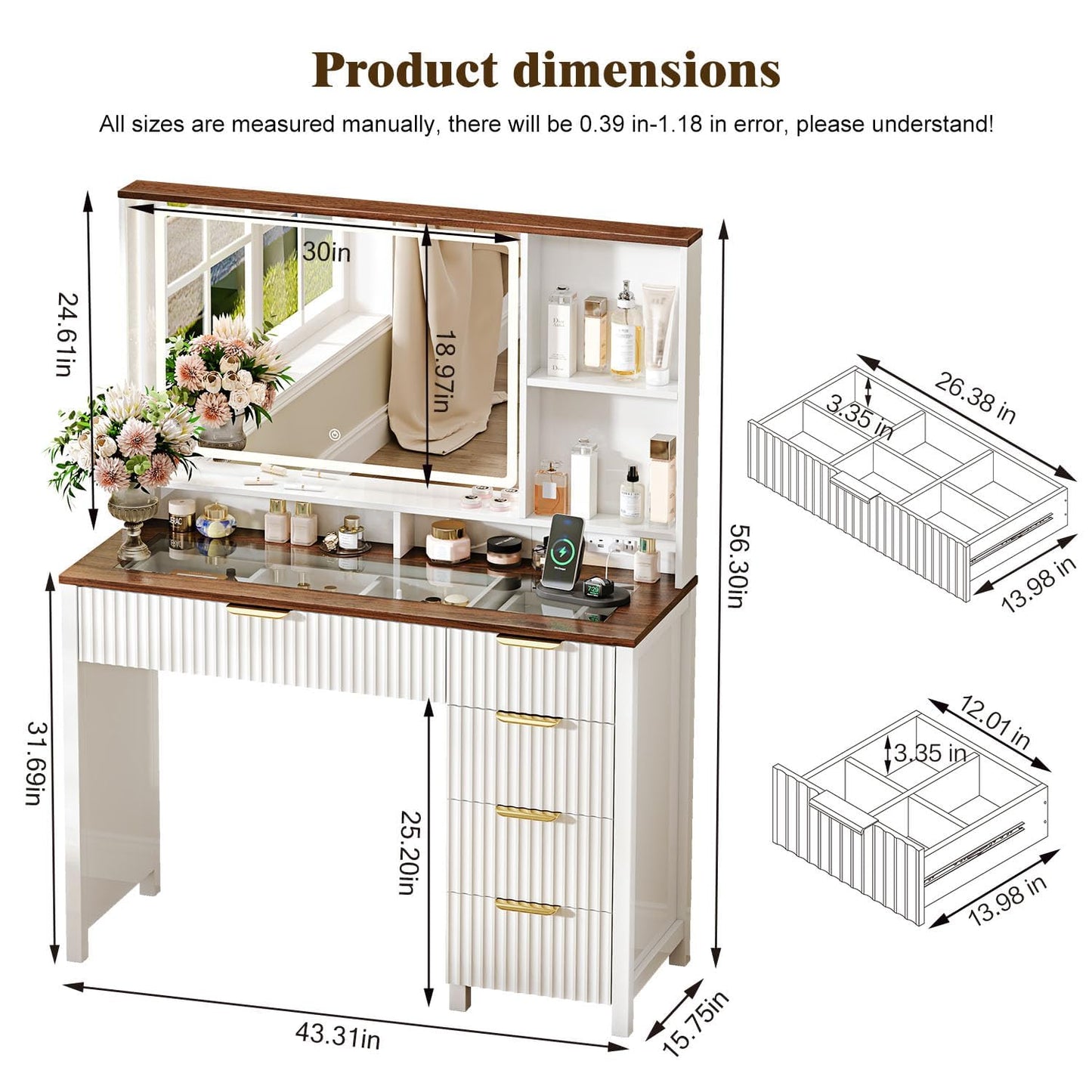 Arulvmrn 43" Large Vanity Desk with 30" HD Lighted Mirror,Modern Vanity Desk with Mirror and Lights, Makeup Vanity with 5 Drawers and Storage Shelves and Charging Station, White2300