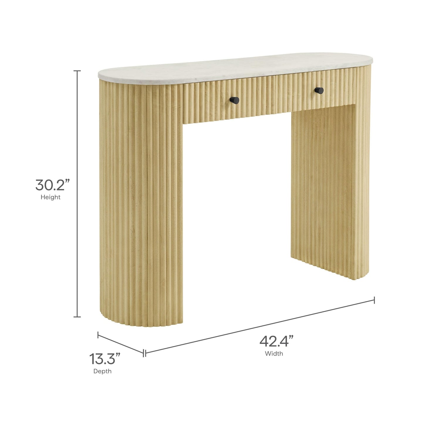 Modway Caldera 42-Inch Curved Solid Wood Fluted Console Table in Natural with Oval Marble Top – Narrow Entryway Table with 2 Drawers