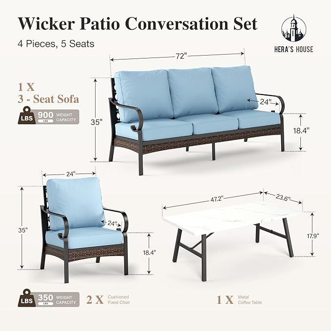 HERA'S HOUSE 4 Piece Metal Patio Furniture Set, All Weather Outdoor Conversation Set with 3 Seat Sofa, 2 x Cushioned Fixed Chair & Coffee Table, Seats 5 for Backyard, Garden, Deck, Blue