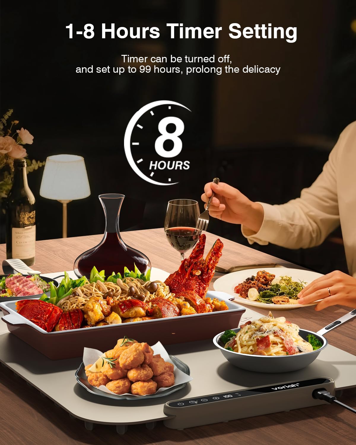 Voriah Warming Mat for Food,27.5x15.7" Large Electric Buffet Warming Tray, 7 Temp Levels, 99H Continuous Heat, ℉/℃ Switch, Patented Fast-Heat Design for Parties, Family Meals, Daily Use Apricot