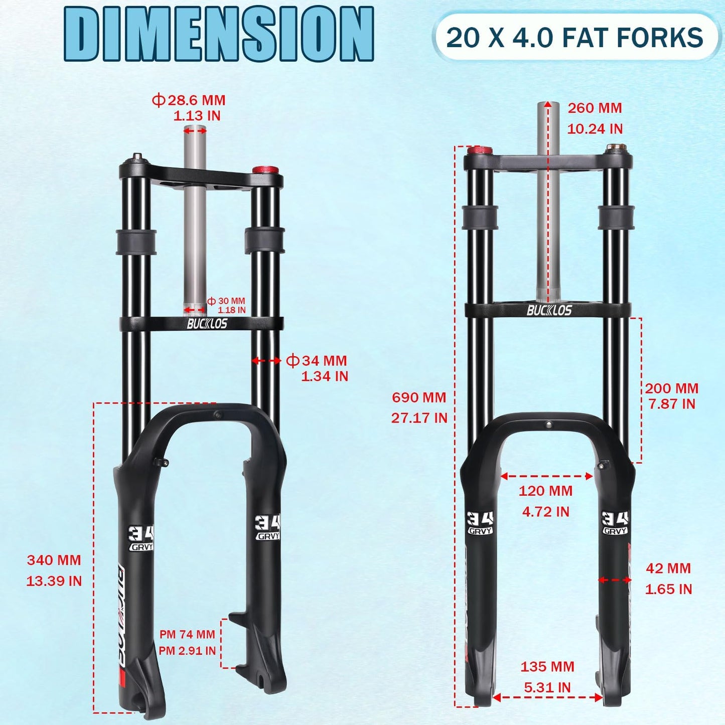 BUCKLOS 20 inch 4.0 Fat Tire Bike Suspension Fork, 180mm Travel 135mm Spacing Hub 9mm QR Ebike Oil MTB Fat Fork, Double Crown 1-1/8 Straight Electric Bicycle Front Fork, Snow Beach Mountain Bike
