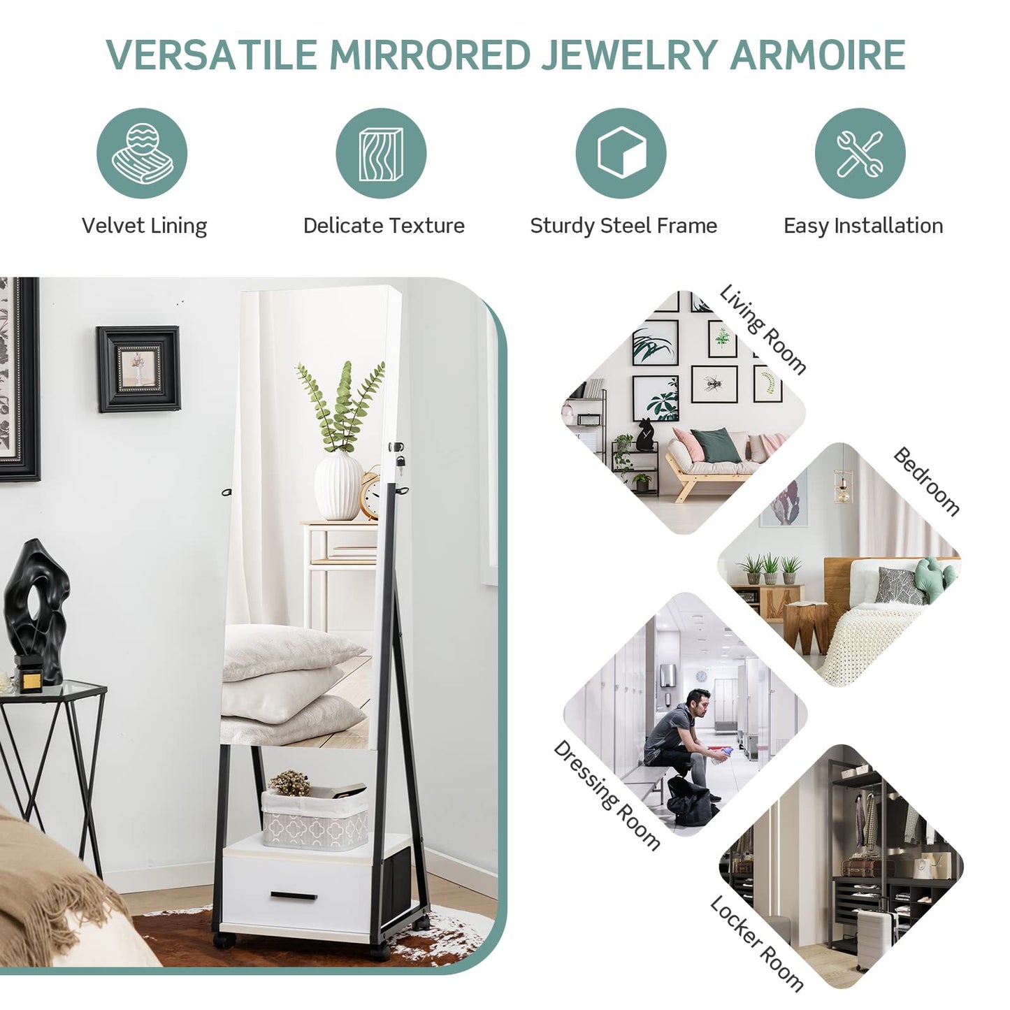 COSTWAY Mirror Jewelry Cabinet with Wheels, Standing Full-length Mirror with Jewelry Storage, Lockable Jewelry Organizer Box with Drawers, Rolling Jewelry Armoire for Women Girls Bedroom (White)