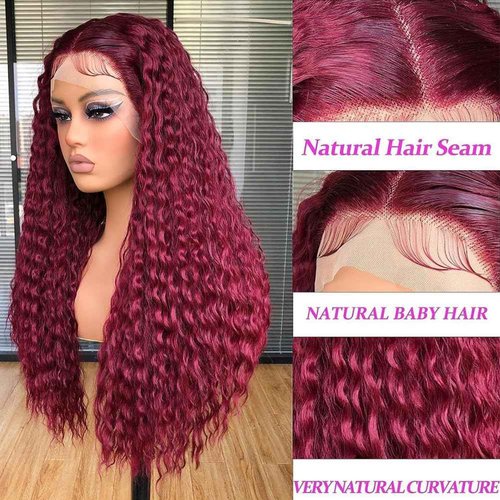 ZHUO JIA 99J Burgundy Deep Wave Lace Front Wigs Human Hair for Black Women 13x4 HD Lace Frontal Wigs Human Hair Pre Plucked 180 Density Red Colored Deep Curly Wet and Wavy Glueless Wig 26 Inch