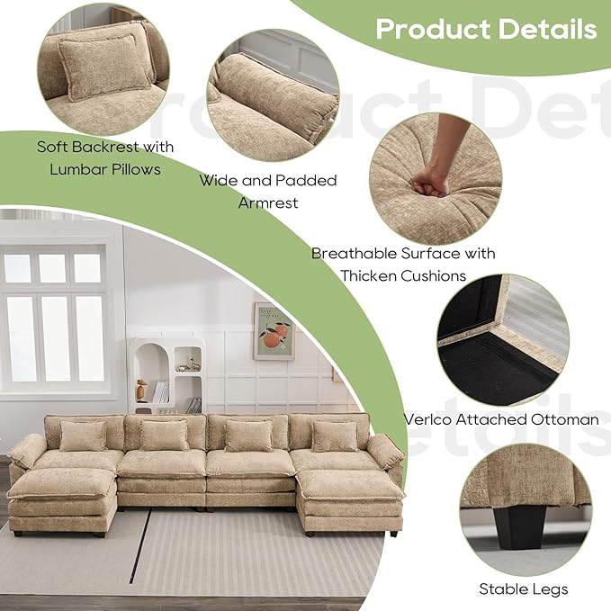 Oprisen 154" Modular Sectional Sofa, Comfy Cloud Couch Sectional Sofa with Ottoman, Chenille Sofa Sleeper Deep Seat Sofa with Throw Pillows for Living Room (Khaki, 154"- U Shape)