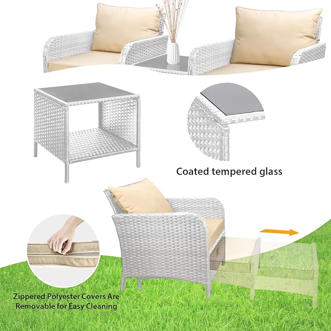 LEVELEVE Balcony Furniture 5 Piece Patio Conversation Set, PE Wicker Rattan Outdoor Lounge Chairs with Soft Cushions 2 Ottoman&Glass Table for Porch
