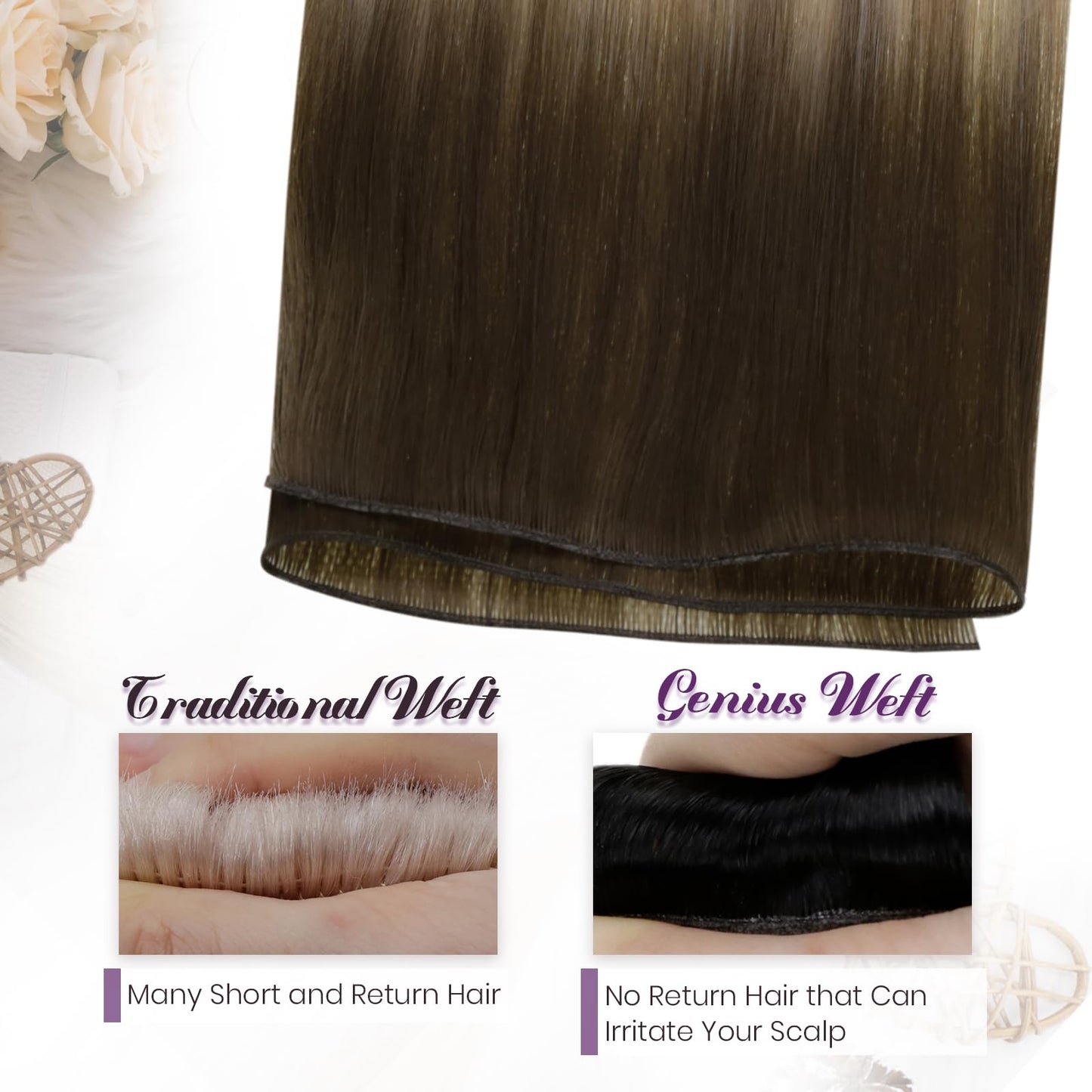 LaaVoo Hand Tied Weft Hair Extensions Human Hair Sew in Hair Extensions Real Human Hair Ombre Dark Brown to Light Brown Mix Blon