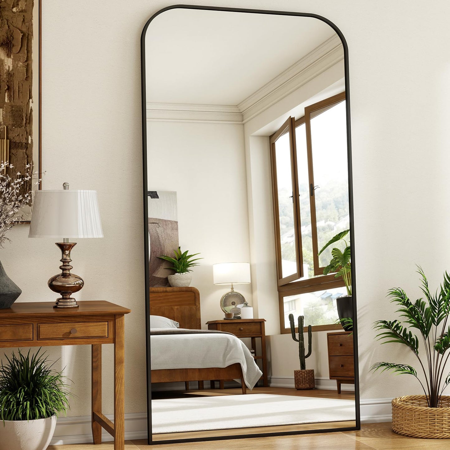 XRAMFY Full Length Mirror - Large Floor Standing & Wall Mountable Full Body Mirror with Sturdy Aluminum Frame, Arched Top Design, Freestanding or Hanging for Bedroom, Living Room, Cloakroom,Black