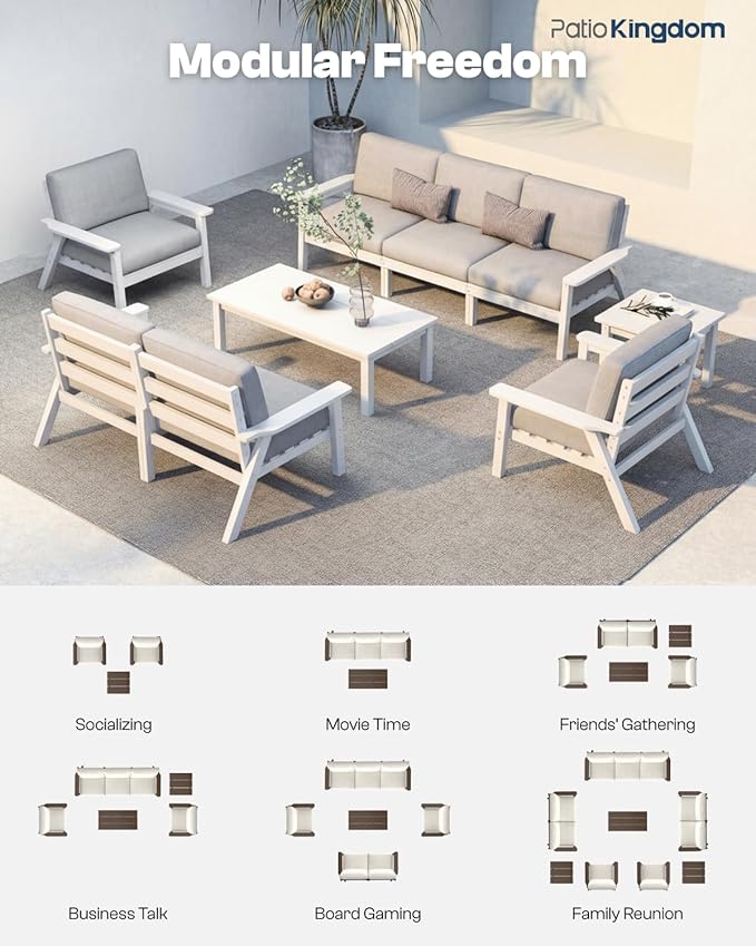 Patio Kingdom 7 Piece Patio Furniture Set, HDPE Outdoor Sectional with Gray Washable Thick Cushions, Coffee Table & Side Table, Patio Conversation Sets for Lawn, Garden, Porch, Balcony (White Frame)