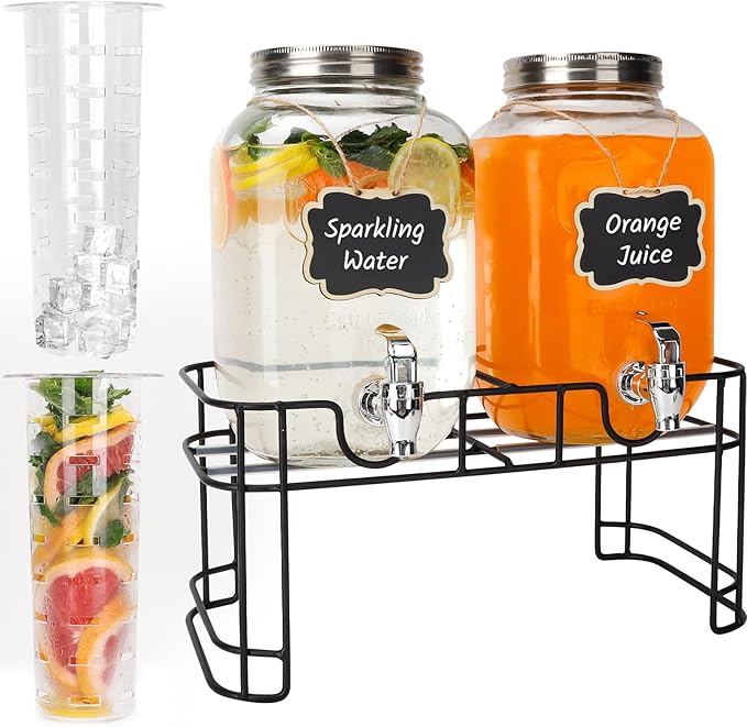 Waymind 1 Gallon Glass Drink Dispensers, 2 Pack Clear Beverage Dispenser with Stand and Spigot for Parties, Drink Dispense...