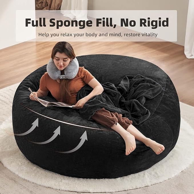 5FT oversized bean bag chairs for adults bean bag with filler included memory foam bean bag Soft and comfortable giant bean bags, living room furniture, suitable for bedroom dorm balcony chairs(Black)