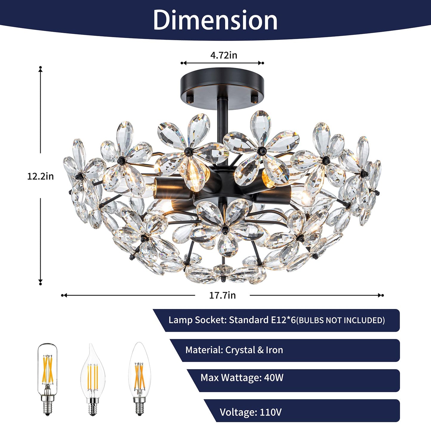 LOZOHOM Black Flower Ceiling Light,Crystal Closet Ceiling Light Fixtures,17.7" 6-Light Modern Flush Mount Chandelier for Bedroom Dining Room Hallway Living Room Entryway Foyer