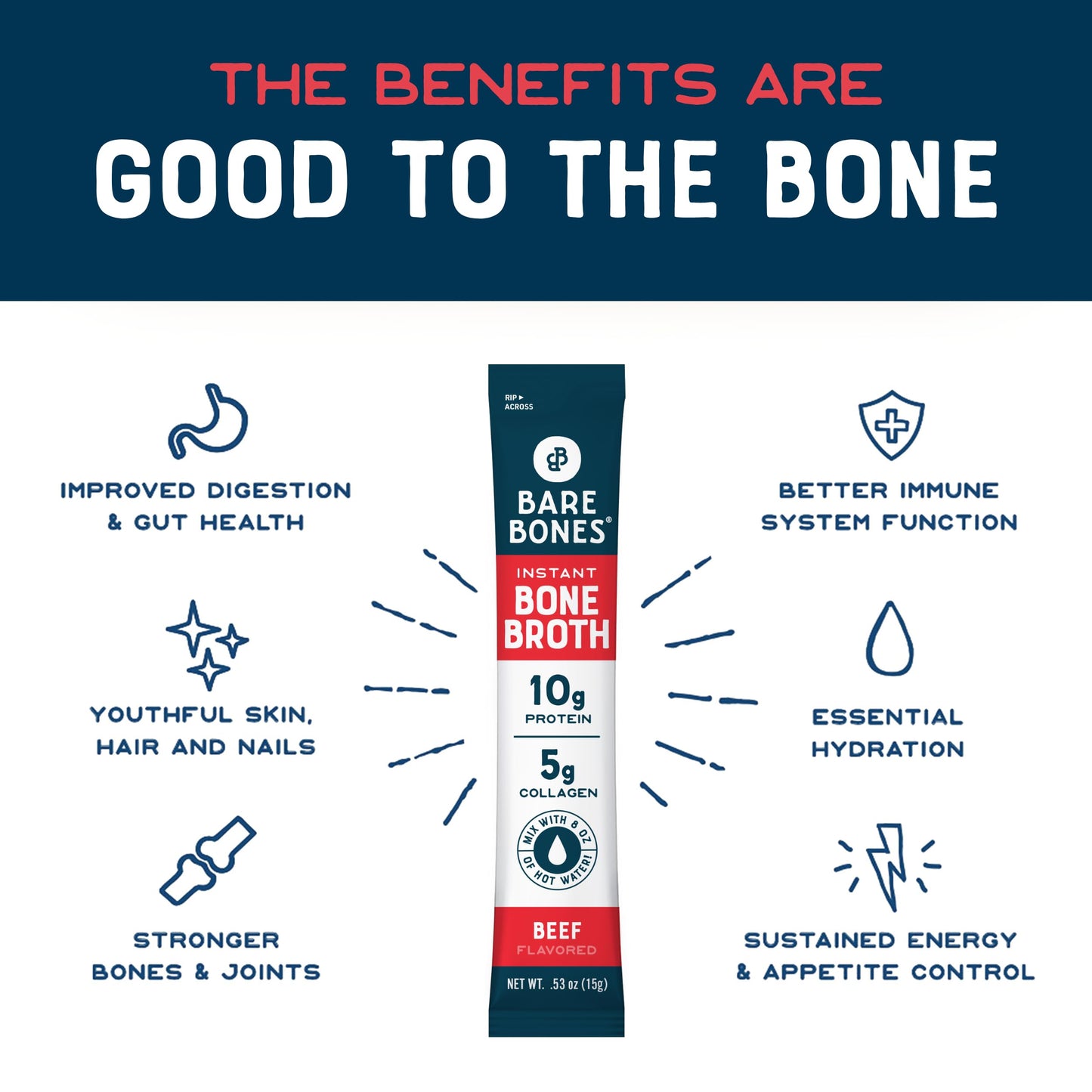 Bare Bones Beef Bone Broth Instant Powdered Mix Packets | 5g Collagen | 10g Protein | Keto & Paleo Friendly | No Artificial Flavors | Rich Savory on-the-go 16 Pack