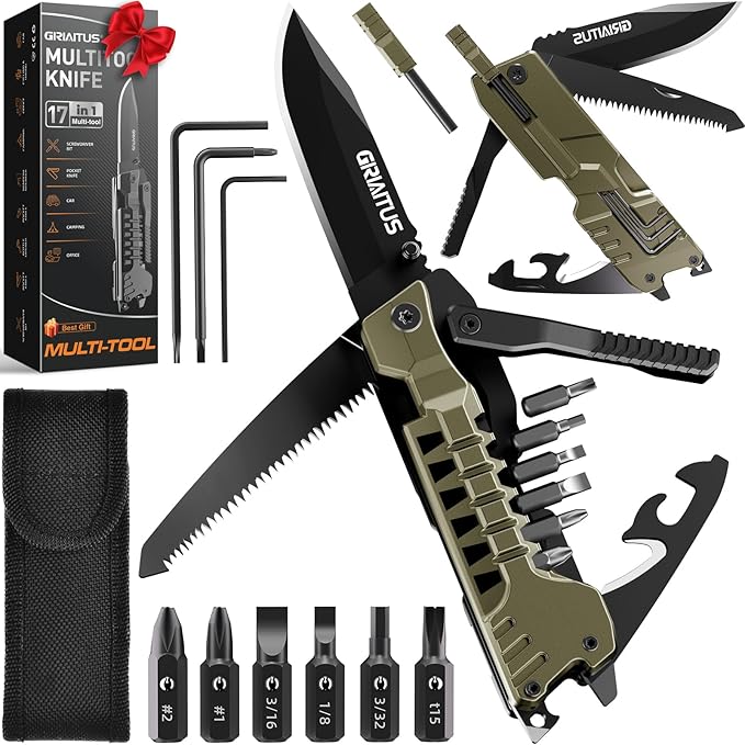 Multitool Knife, 17 in 1 Pocket Knife with Screwdriver, Fire Starter Sticks, Bottle Opener, Saw, Whistle, Nylon Sheath, ED...