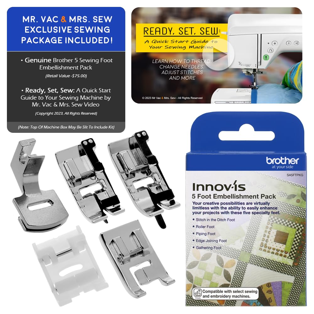 Brother Innov-is NS80E Computerized Sewing Machine w/Starter Package - Includes Brother 5 Sewing Foot Embellishment Pack + Mr. Vac & Mrs. Sew - Ready, Set, Sew Video