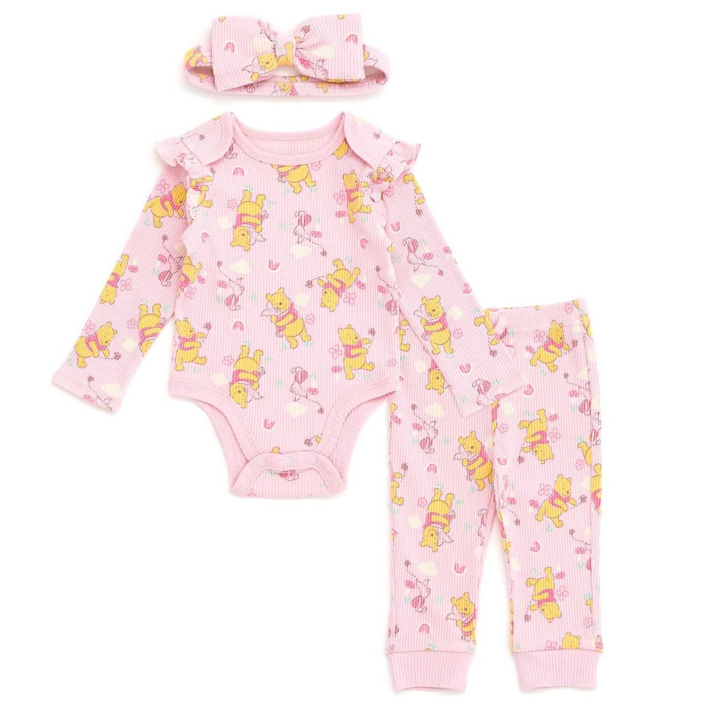 Disney Winnie the Pooh Newborn Baby Girls Ribbed Bodysuit, Jogger Pants and Headband 3 Piece Outfit Set Soft Pink 0-3 Months