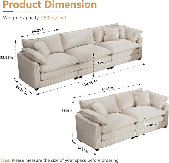 mikibama Luxury 2 Piece Sofa Set, 3-Seater & Loveseat Couch Set, Modern Corduroy Comfy Cloud Couches Set for Living Room Office with 4 Armrest Pillows and 5 Toss Pillows, Beige
