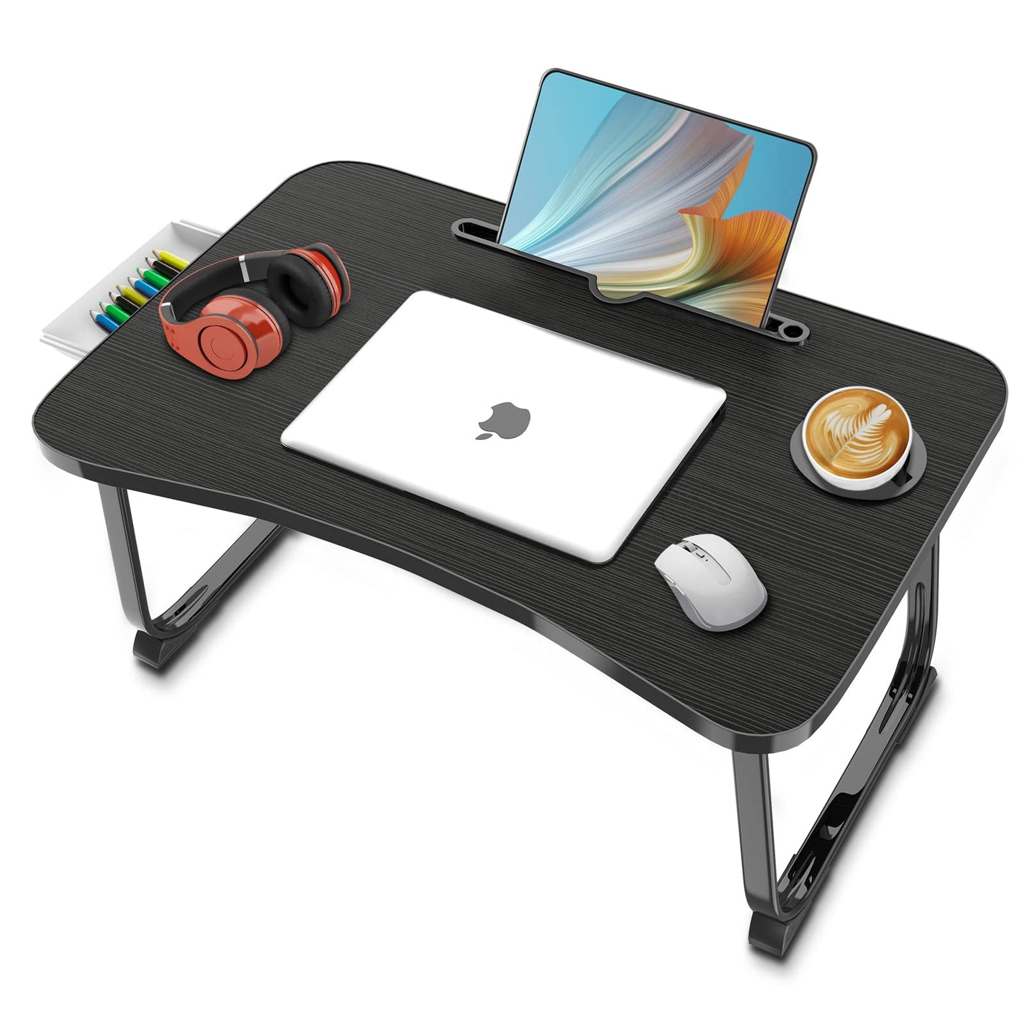Fayquaze Portable Foldable Lap Desk with Storage Drawer and Cup Holder - Laptop Bed Stand Tray Table for Eating, Reading and Working