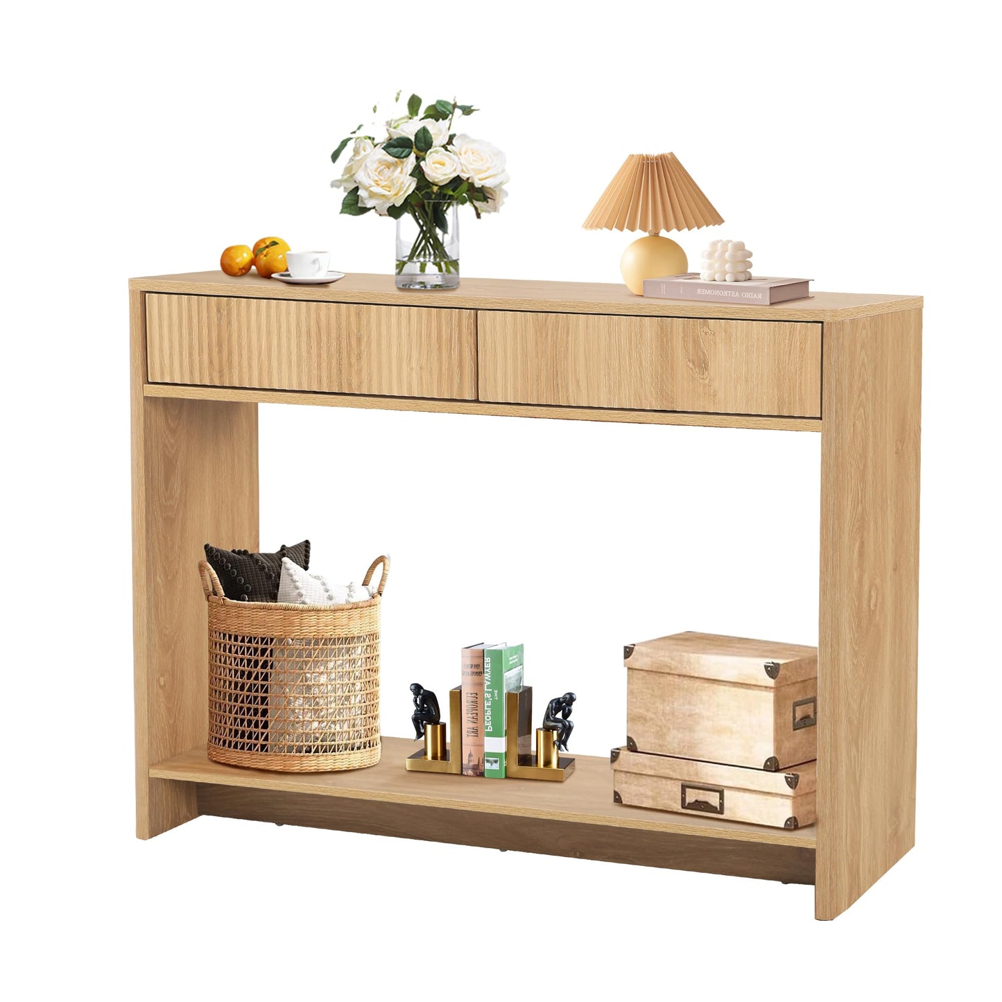 Entryway Table with Storage, Narrow Console Table with Drawers, 43.3' Couch Table Behind Sofa Long and Skinny for Living Room TV, Hallway Entrance Foyer, Mid Century Modern Boho Fluted Console Table