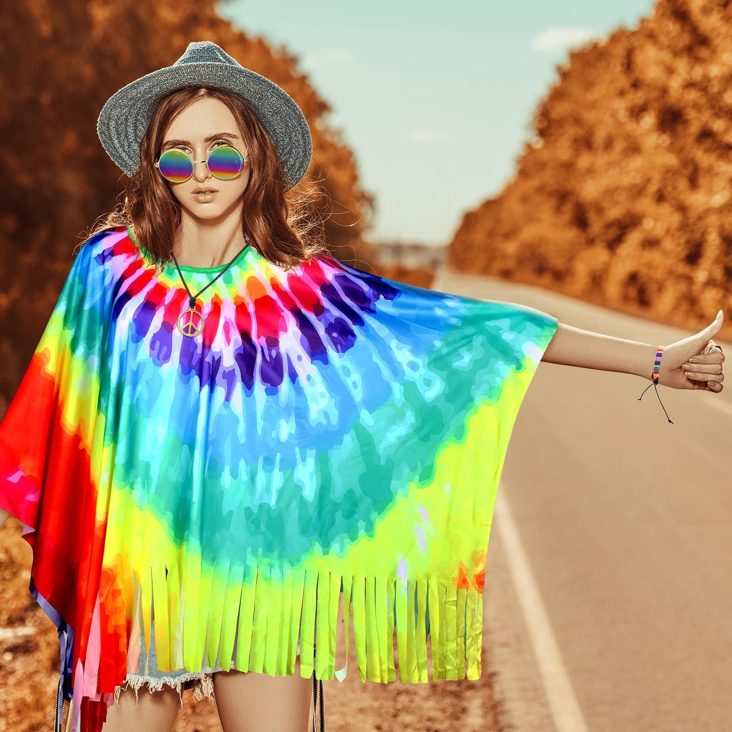 Hicarer 7 Pcs 60s 70s Hippie Costume Accessories Set Women Tie Dye Poncho Tassel Fringe Boot Covers Headband Bracelet Sunglasses Peace Sign Earring Necklace Outfits for Halloween (Hicarer-CKJO013)