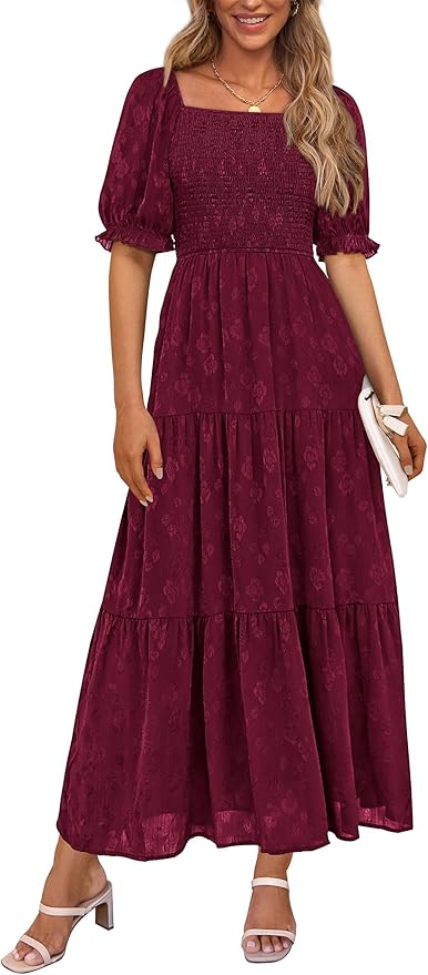 PRETTYGARDEN Women's 2026 Summer Casual Midi Dresses Square Neck Short Sleeve Smocked A Line Floral Flowy Elegant Boho Dress
