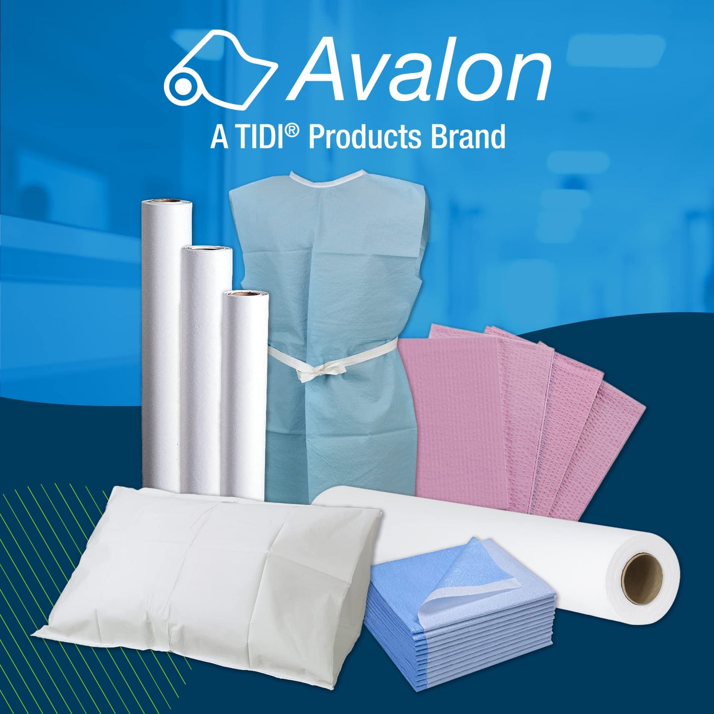 Avalon Standard Gowns, Blue (Pack of 50) ― Tissue/Poly/Tissue ― Open-Back, Waist-Tie, Short-Sleeve Medical Gowns ― Disposable Exam Gowns ― Standard Size 30” x 42” ― Latex-Free Medical Supplies (813)