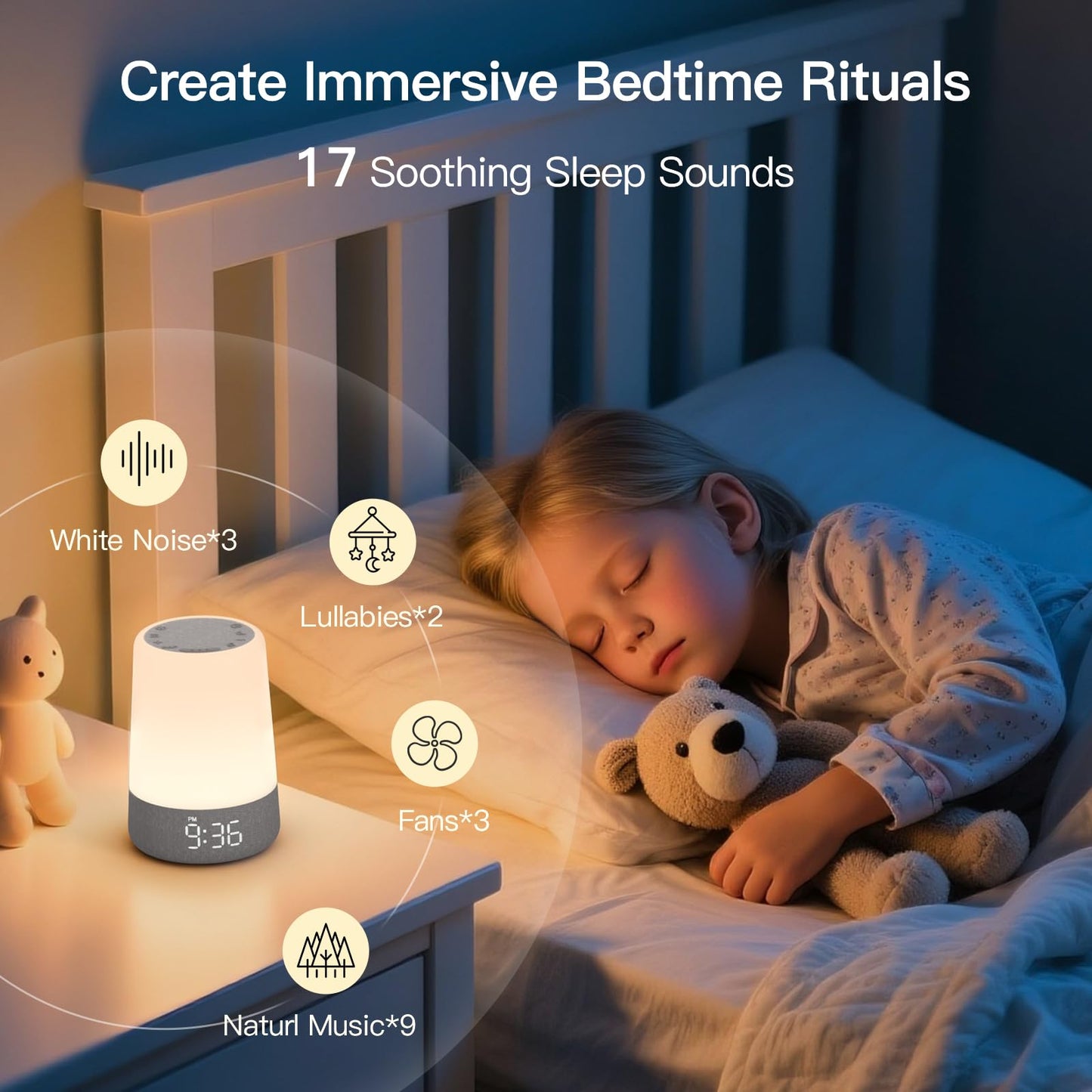 REACHER Sleep Trainer Alarm Clock for Kids, Night Light, White Noise Machine and OK to Wake Clock for Toddlers at Home or Travel, App-Free, Rechargeable