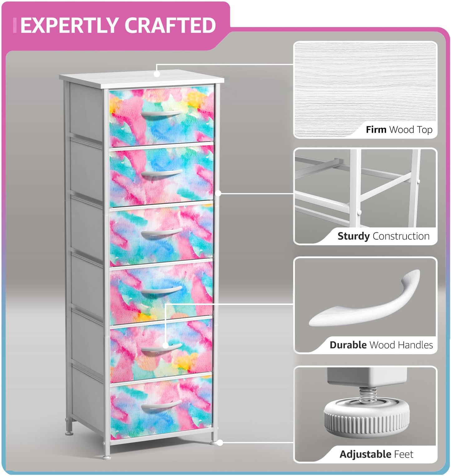 Sorbus Kids Dresser with 6 Drawers - Storage Chest Organizer Nightstand - Steel Frame, Wood Top, Tie-Dye Fabric Bins for Clothes - Wide Furniture for Bedroom, Hallway, Nursery, Closet, & Apartment
