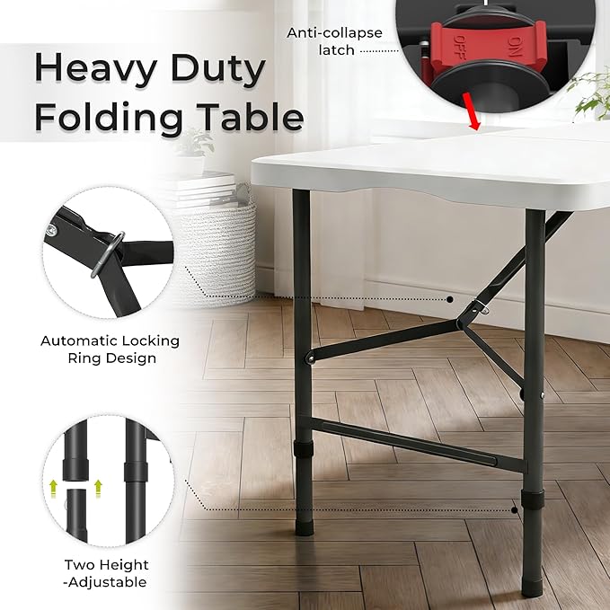 RootRise Folding Table Adjustable Height Portable Folding Tables Heavy Duty 400 lbs Capacity, Wood Grain Tabletop for Working Meeting Parties, Picnic, Camping, Weddings, Garden Dining (4FT-White)