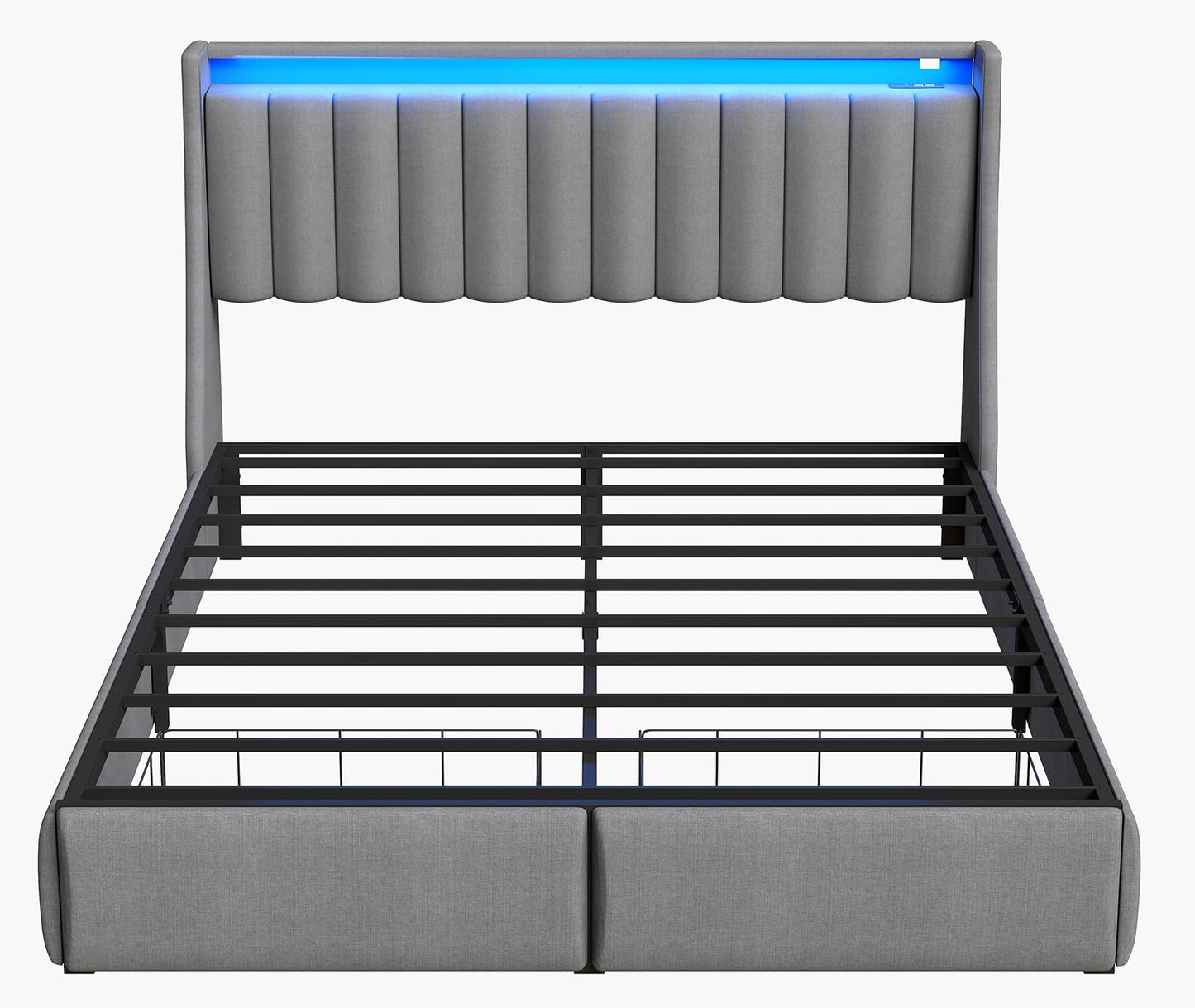 Queen Bed Frame with 2 Storage Drawers, Platform Bed Frame Queen Size with LED Light, Upholstered Headboard, Charging Station, Steel Slat Support, No Box Spring Needed, Noise-Free, Easy Assembly, Gray