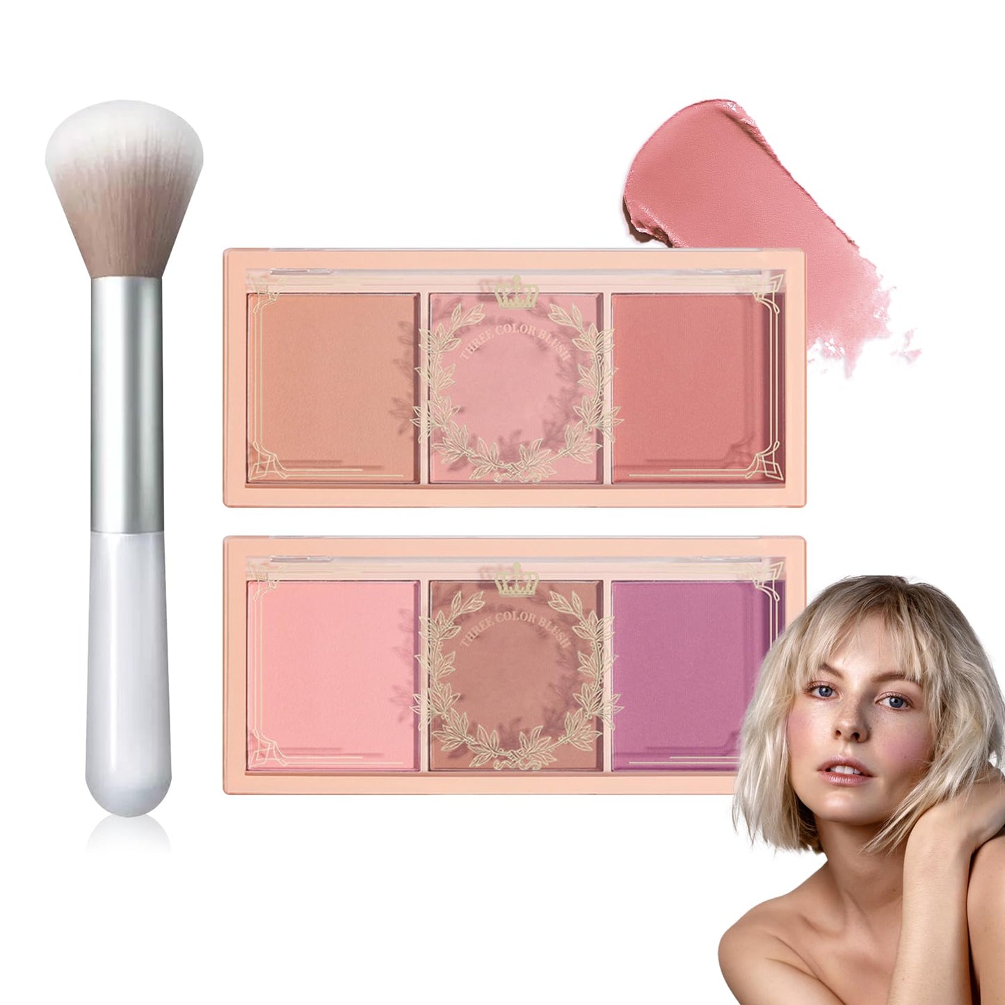 2Pcs 3 Colors Blush Palette,Matte Contour Makeup Blush for Cheeks,Waterproofing Highly Pigmented Face Cheek Blusher with Make Up