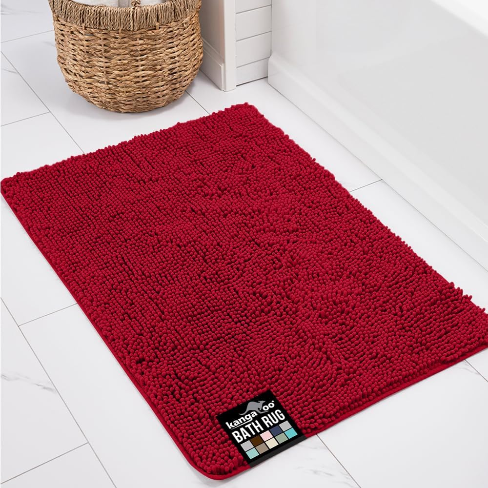 KANGAROO Bathroom Rugs, Chenille Soft Absorbent Bath Rug, Shaggy Shower Mat, Quick Dry Machine Wash Bathmat, Plush Carpet Mats for Tub, Bathtub and Room Home Decor Accessories, 30x20, Red