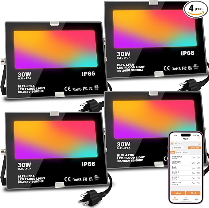 LED Flood Light Outdoor 30W, 300W Equivalent 3000LM Smart RGB Landscape Lighting with APP Control, DIY Scenes -Timing - Wa...