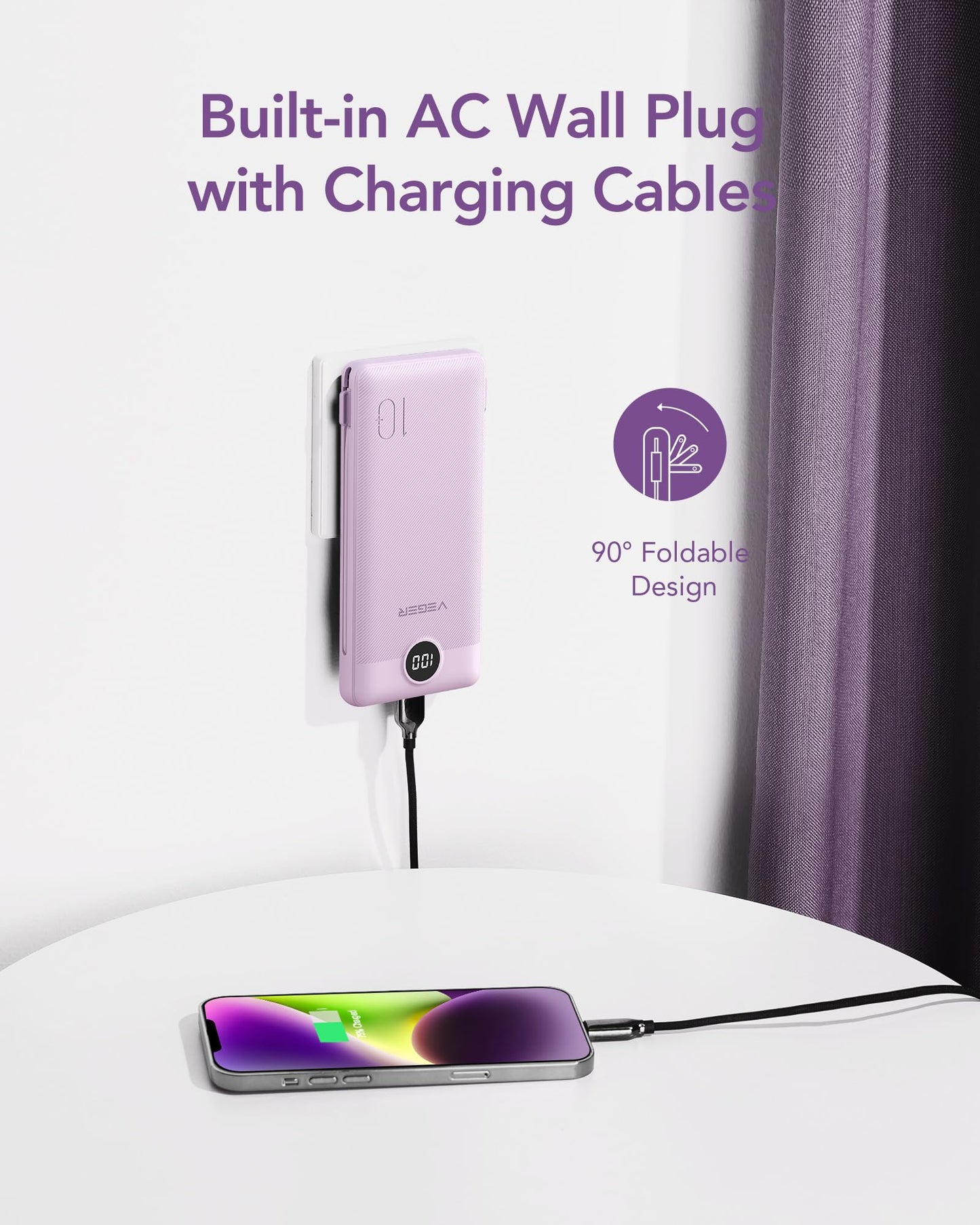 VEGER Portable Charger for iPhone Built in Cables and Wall Plug, 10000mah Slim Fast Charging USB C Power Bank, Travel Essential Battery Pack Compatible with iPhones, iPad, Samsung More Devices(Purple)