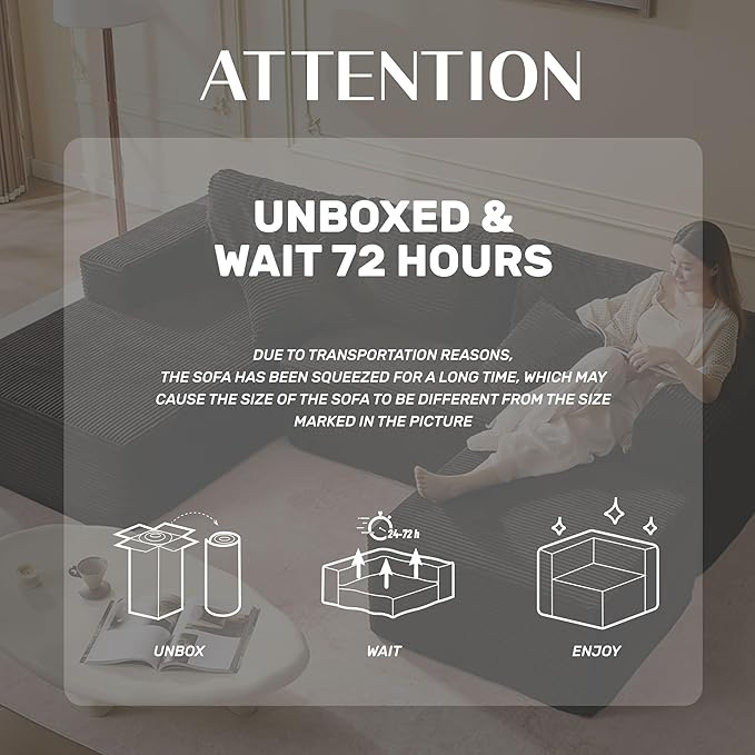Afuson 107" Boneless Couch with Deep Seat, Modular Sectional Sofa, Cloud Sectional Couch for Living Room, No Assembly Required, Corduroy, U-Shape 3 Seater Left, Black