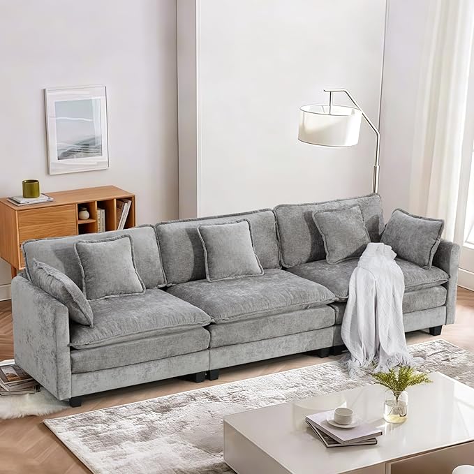SoarFlash 113.78" Chenille Sectional Sofa, Comfy Modular Loveseat Sofa, Modern 3-Seat Couch Deep Seat Sofa Set for Living Room,Grey