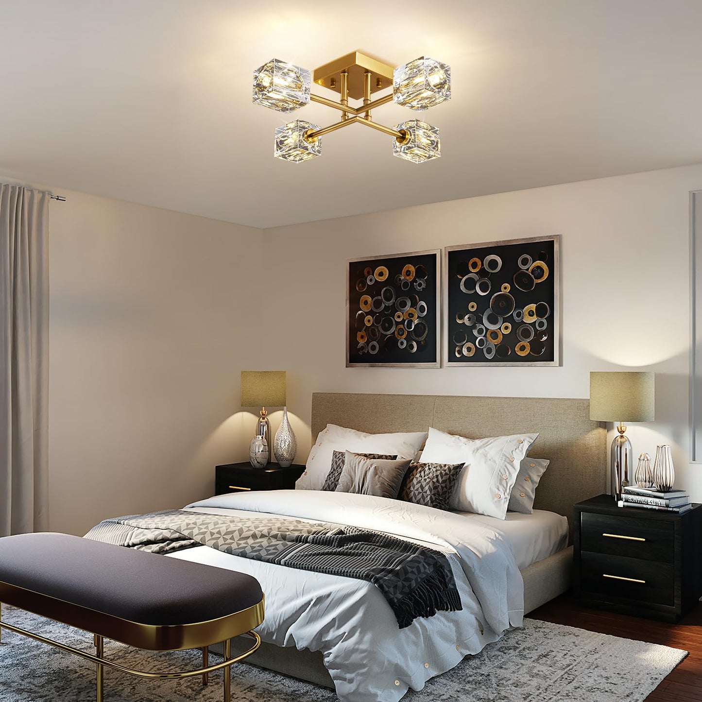 OKES Gold Modern Sputnik Chandelier Ceiling Light Fixtures,4-Lights Industrial Crystal Semi Flush Mount Ceiling Light for Bedroom Dining Room Hallway Kitchen Bedroom Entryway