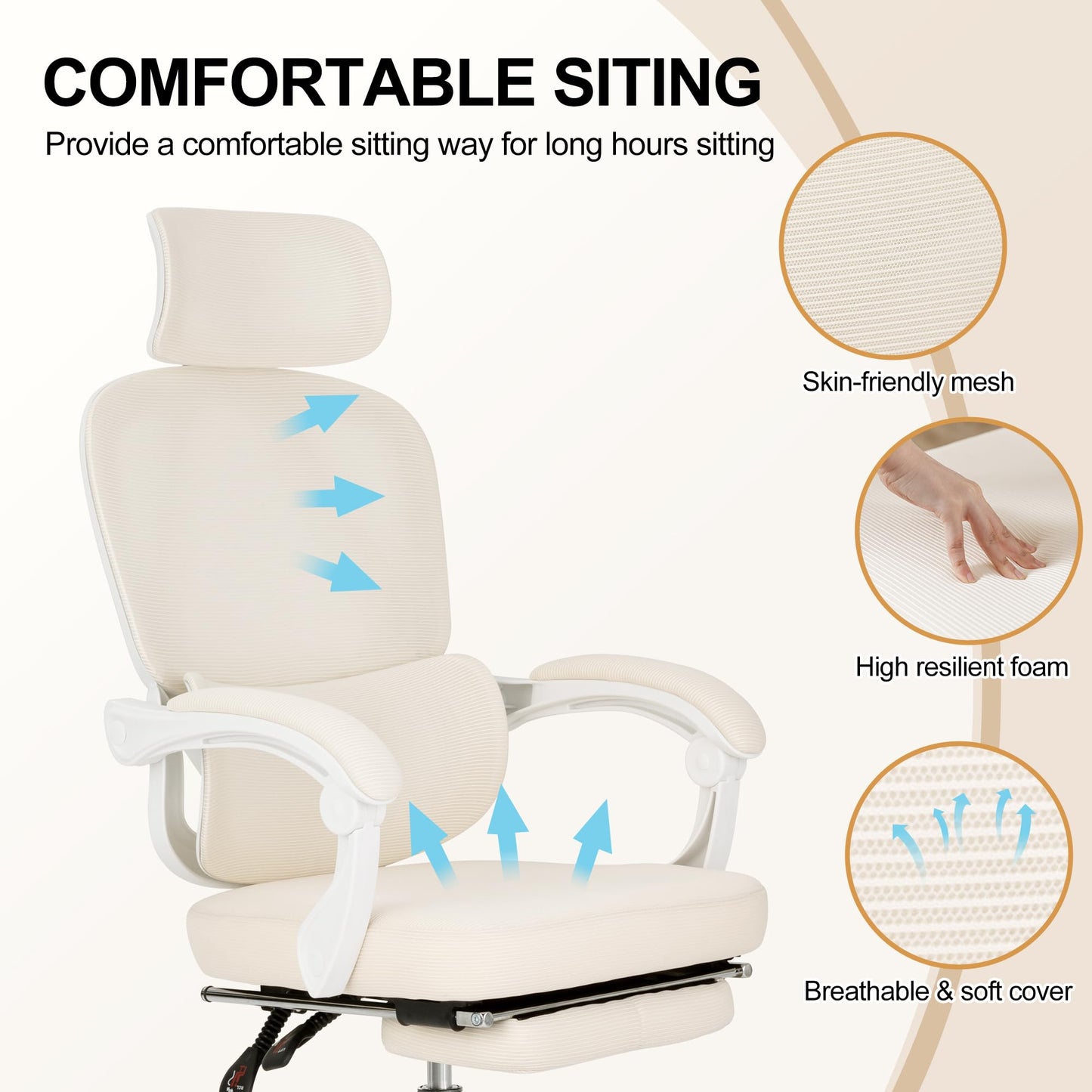 BOWTHY Ergonomic Office Chair with Footrest,90-135 Comfy Reclining Chairs,Home Office Desk Chair with Adjustable Lumbar Support & Headrest,Mesh High Back Computer Executive Chair (Beige)