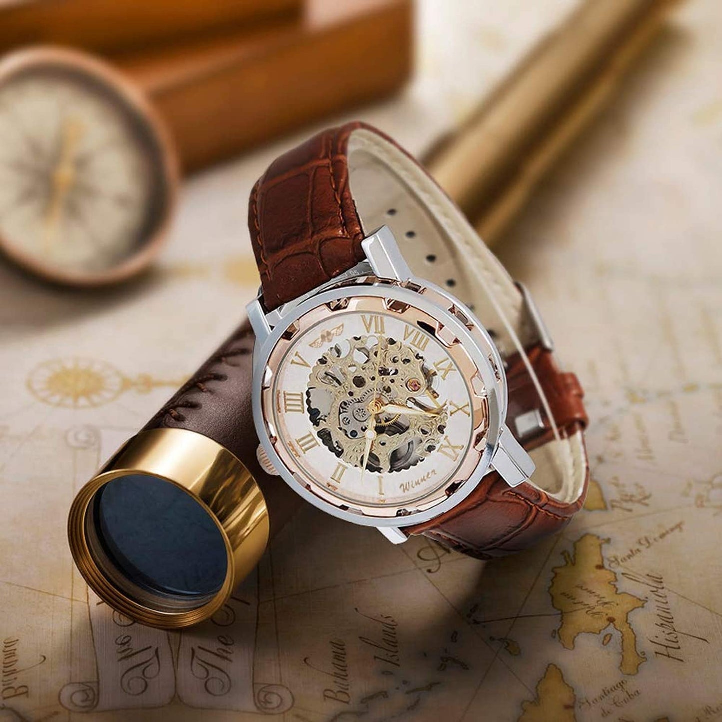 Gute Men's Watch, Mechanical Skeleton Hand-Wind Steampunk Bling Watch for Men Women, Roman Numeral PU Leather Silver Rose-Gold Case Unisex Wrist Watch