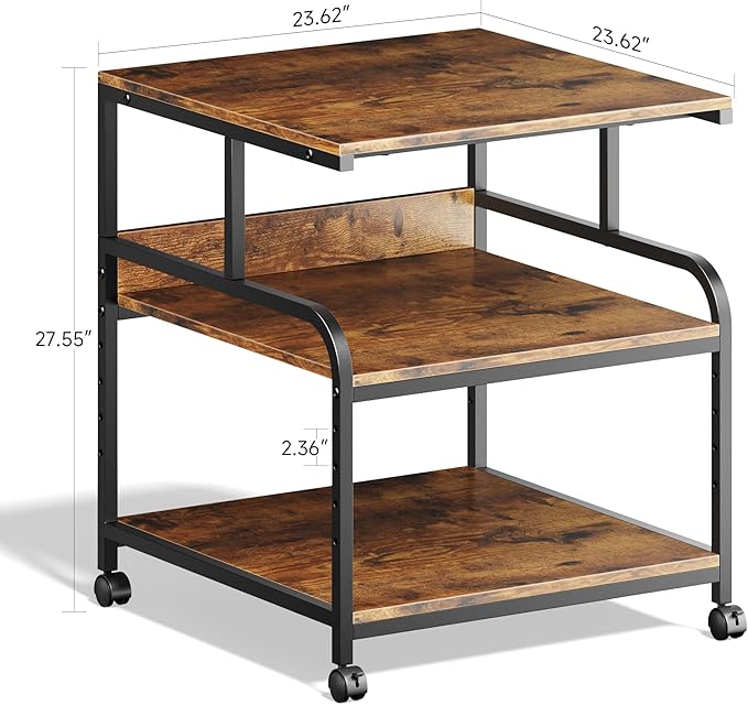 Warmiehomy 23.6x23.6 inches Printer Stand with Adjustable Storage Shelf - Large Printer Table with Wheels - 3 Tier Rolling Cart - Use for 3D Laser Printer Mini Fridge Home Office (Brown)