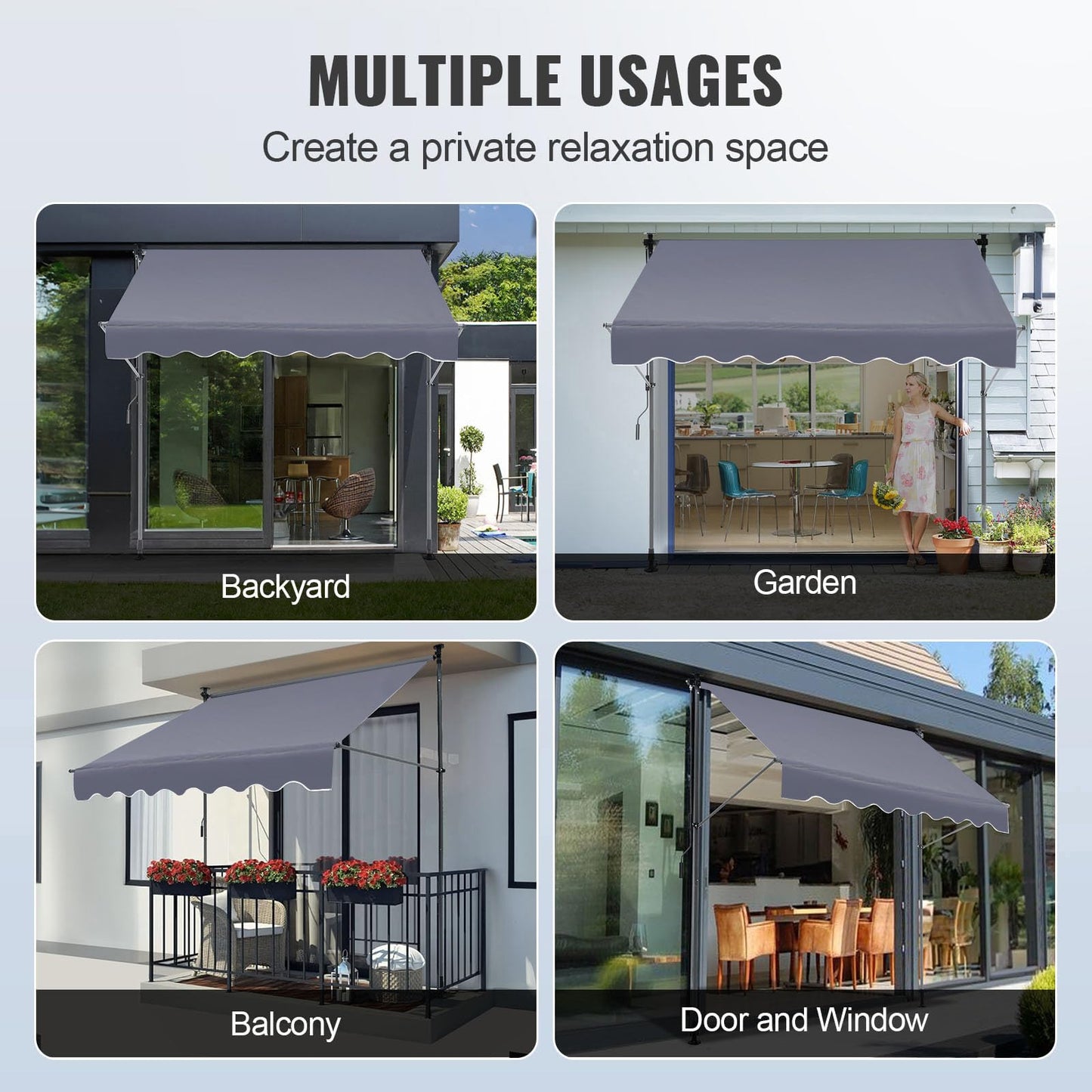 VEVOR Manual Retractable Awning, 78" Outdoor Retractable Patio Awning Sunshade Shelter, Adjustable Patio Door Window Awning Canopy with 39" Sun Shade Curtain for Backyard, Garden, Balcony, Dark Gray