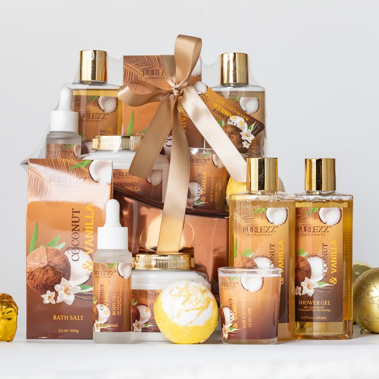 Spa Gift Basket for Women, Coconut & Vanilla Luxury Home Spa Kit, 8pcs Bath Gift Set, Birthday Gift for Women Unique with Bath Bombs, Scented Candle, Body Lotion, Spa Bath Sets for men Gift