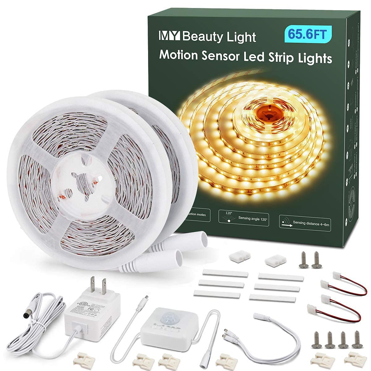 MY BEAUTY LIGHT Motion Activated LED Strip Lights, 65.6ft LED Light Strip with Day or Night 2 Lighting Modes,3 Timing Off Modes,Warm White 24v Plug-in LED Rope Lights for Under Cabinet,Kitchen,Stair