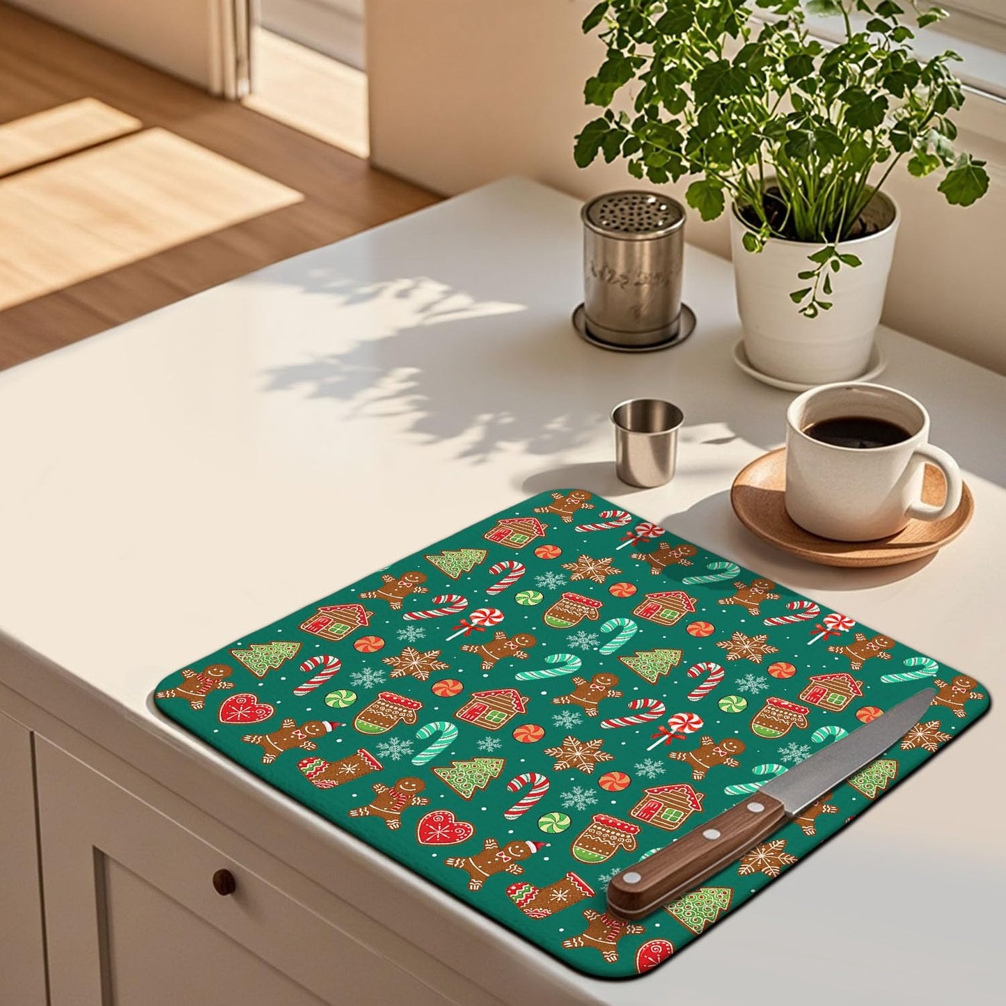 Green Christmas Drying Mat for Kitchen Counter 18" X 24" Christmas Dish Drying Mat for Kitchen Decor Candy Xmas Drying Mats For Home Counter Drying Mats For Dishes Dish Mat Drying Mat