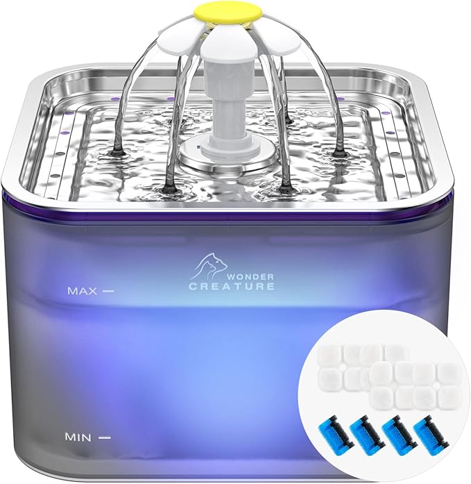 Crystal Cat Water Fountain Stainless Steel with 4 Filters and 4 Sponges, 101oz/3L Pet Fountain with LED Light for Cats and...
