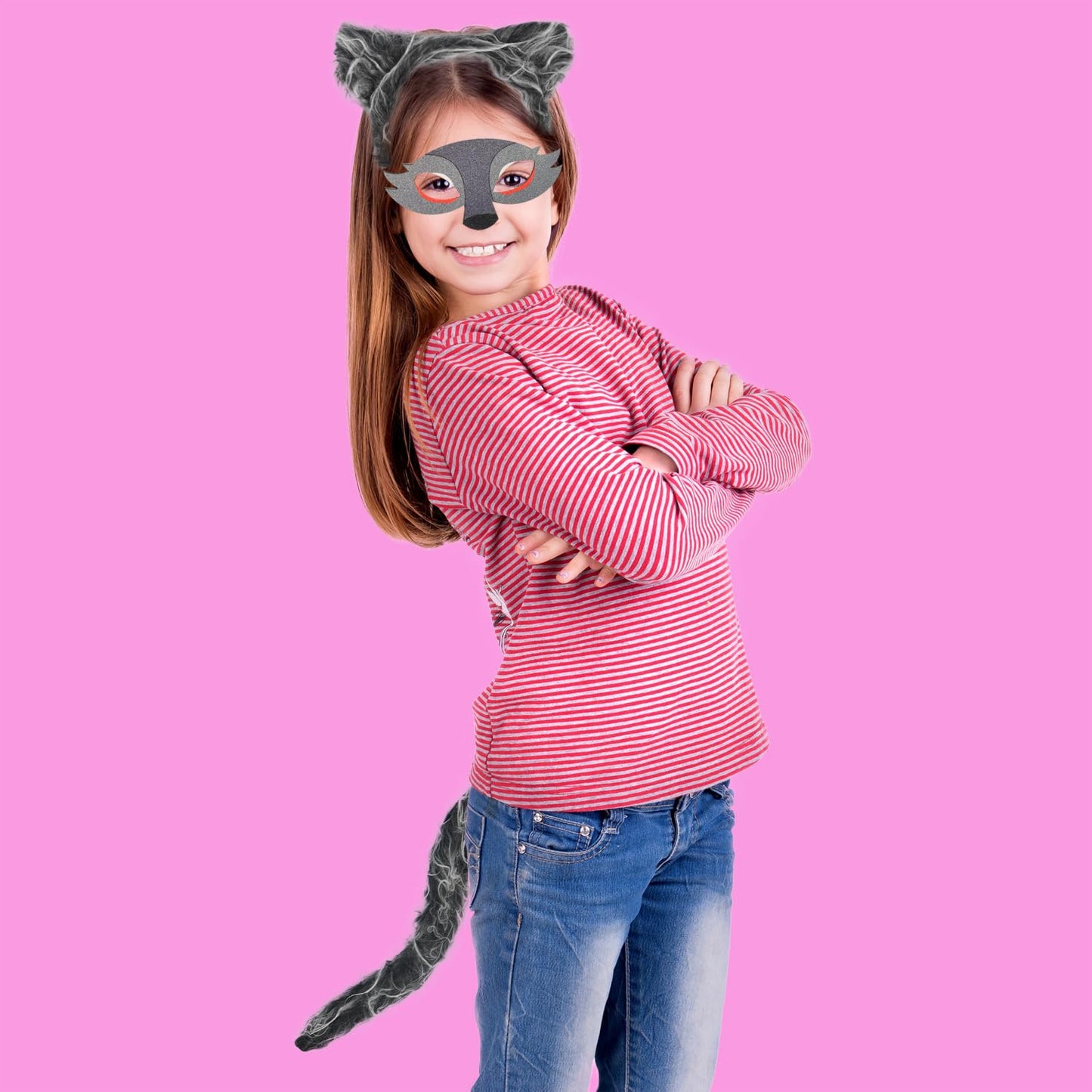 HODRME 5 Pieces Wolf Ears and Tail Set-Grey Wolf Headband with Mask Tail Paw Gloves Cosplay Party Halloween Costume Accessories for Kids and Adults