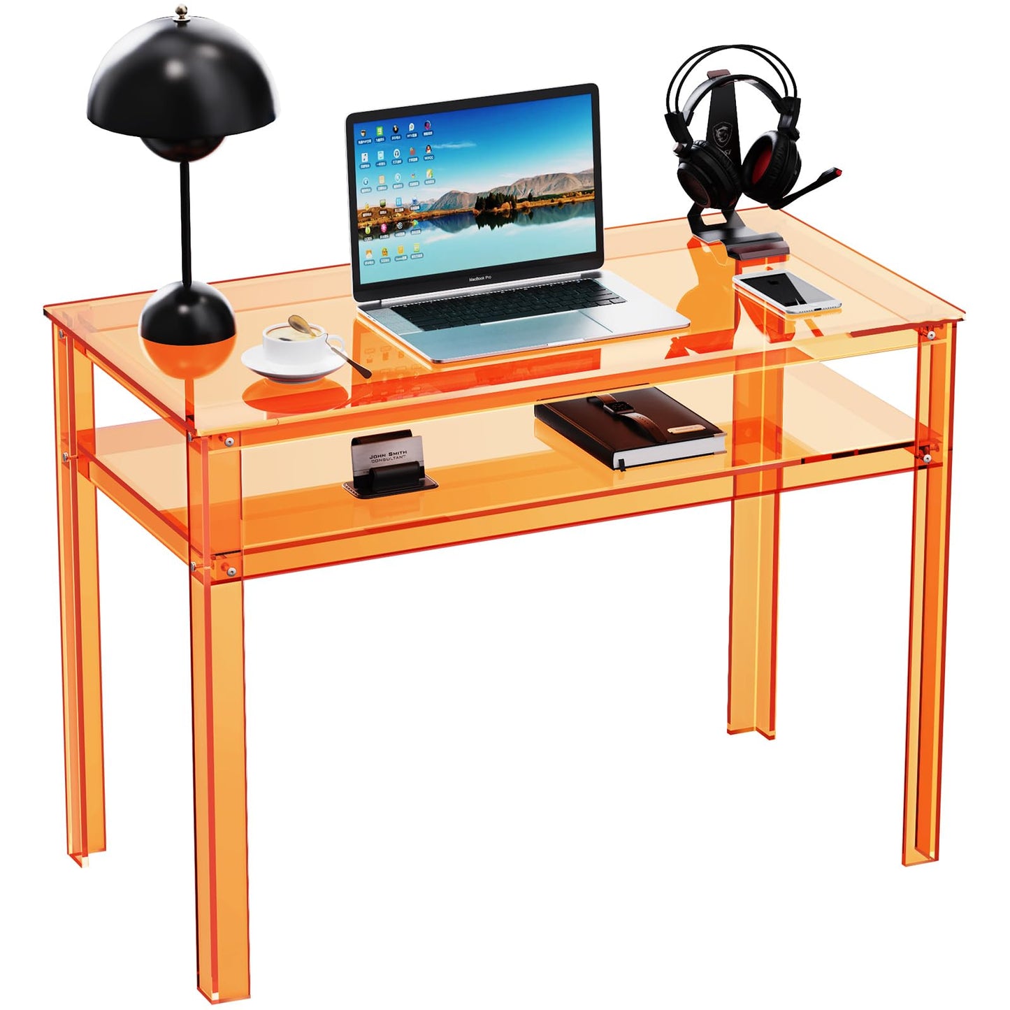 solaround Clear Acrylic Desk with Open Storage, Home Office Computer Writing Desk Office Study Table (Orange, 39.4'' x 19.7'' x 29.5'')
