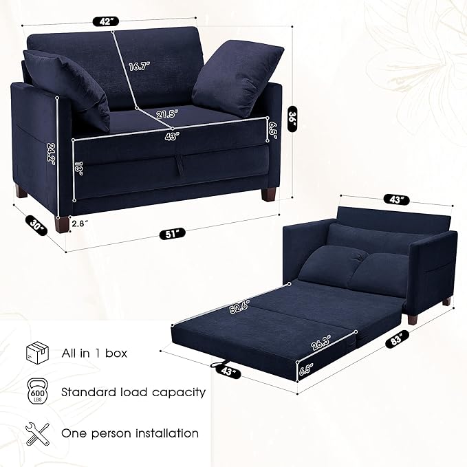 51" Convertible Sofa Bed, 2 in1 Folding Sofa Bed, Loveseat Sleeper Sofa for Small Spaces, Fold Out Floor Couch with 2 Pillows for Apartment, Living Room & Guest Room, Deep Blue Chenille Fabric