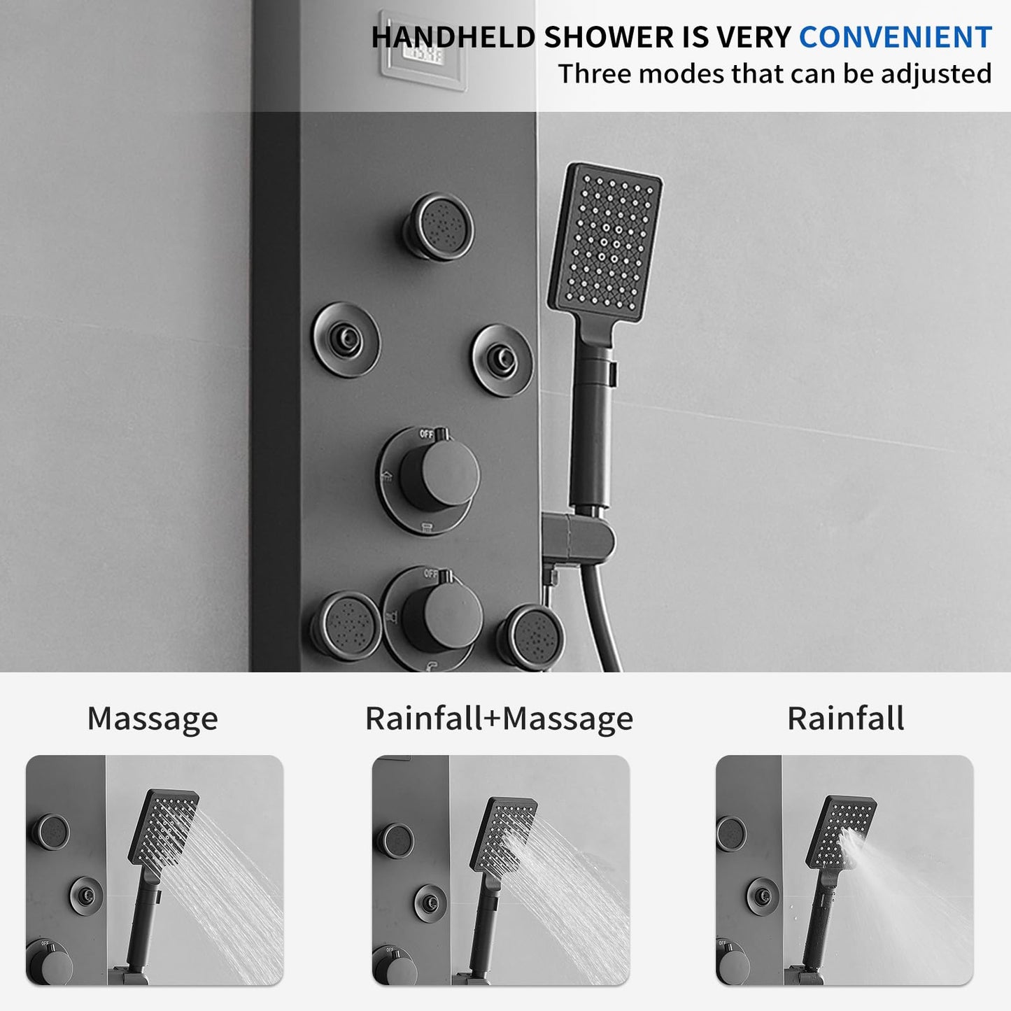 Bathfinesse Shower Panel, Shower Tower, Bathroom Shower Panel Tower System, 6 IN 1 Shower Functions, Stainless Steel Wall Mounted, Black