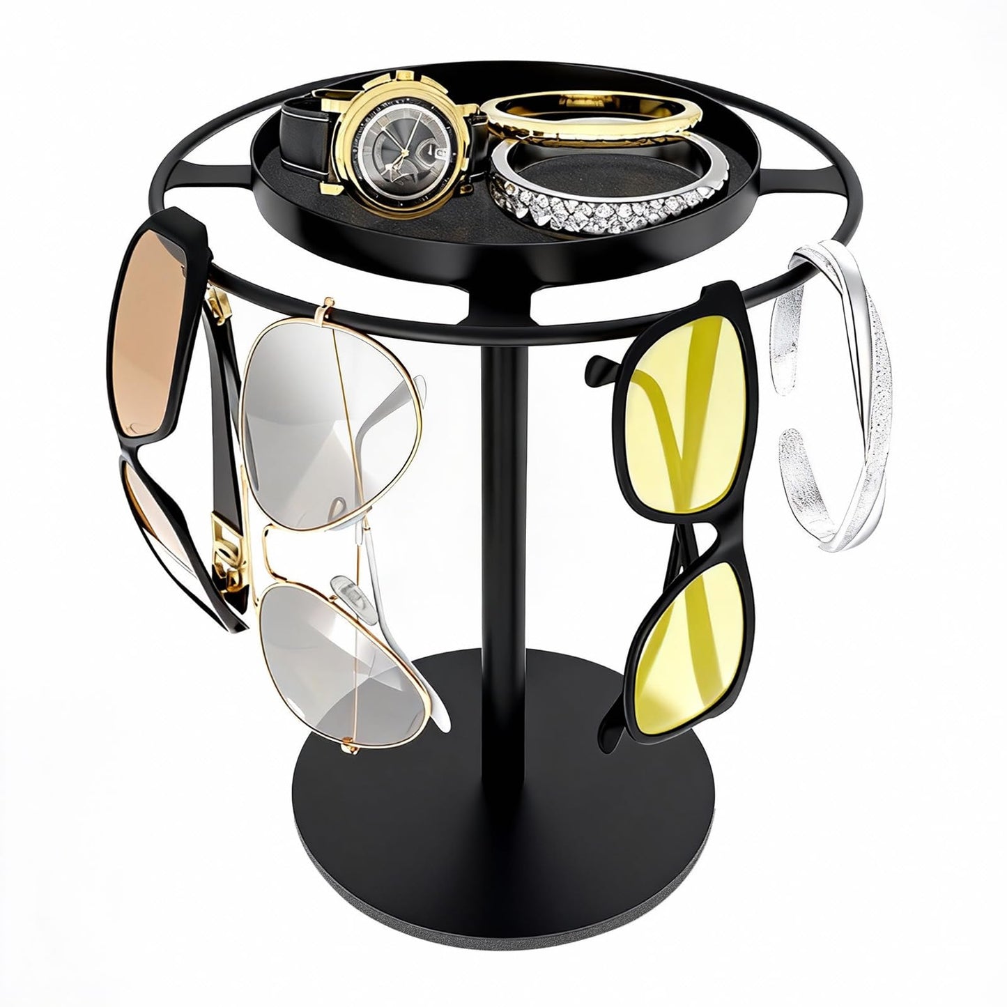 LSK Metal Sunglasses Organizer, Glasses Holder Stand with Storage Tray, Eyeglasses Holder with Anti-Slip Pads for Tabletop, Desk, Dresser, Matte Black