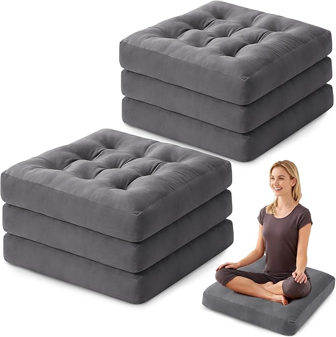 SM-XLHN Meditation Floor Pillow Set of 6, Square Large Pillows Seating for Adults, Meditation Cushion Pillow,Tufted Corduroy Cushion for Tatami Living Room or Yoga, Dark Gray, 22x22 Inch
